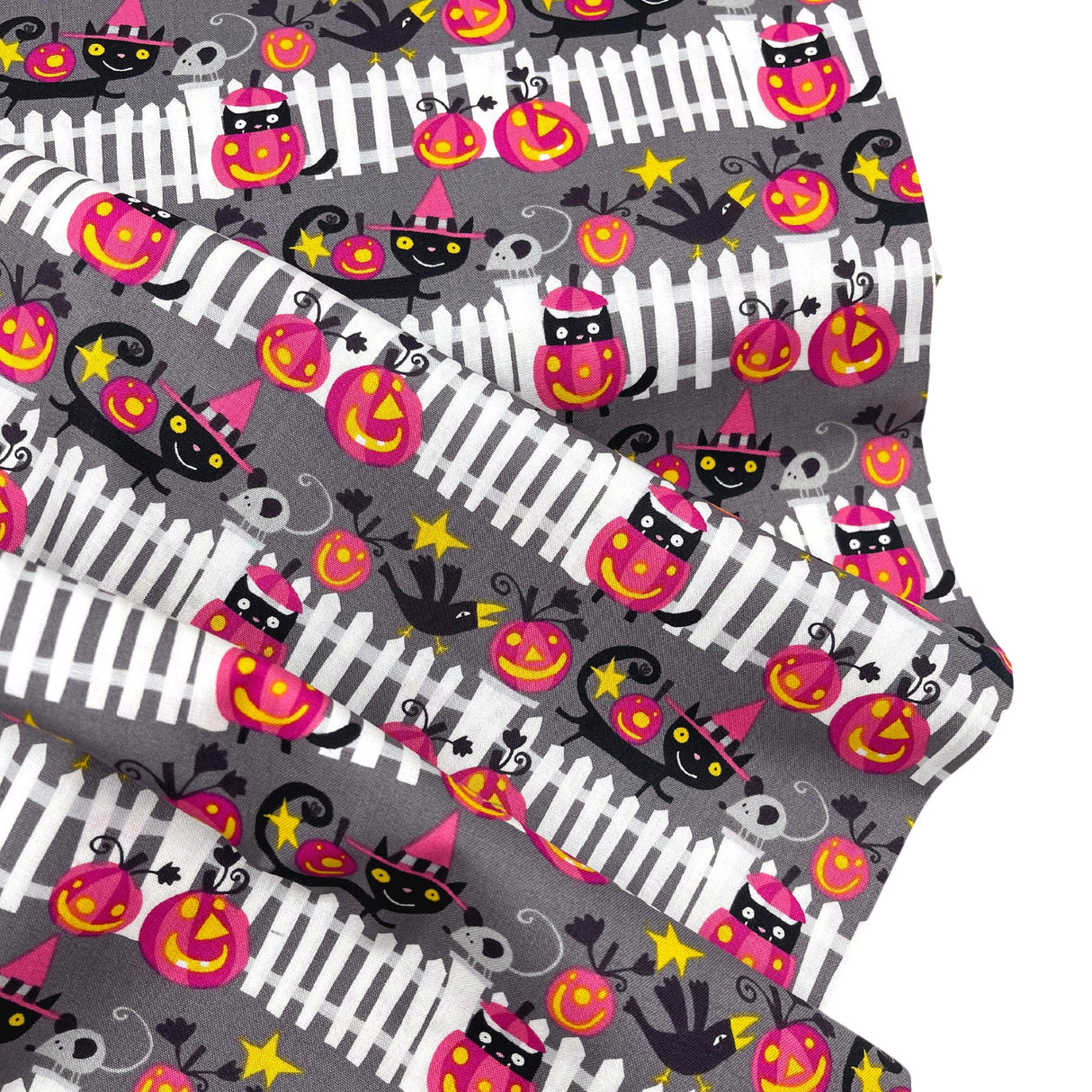 Happy Halloween fabric Black Cats, Pumpkins, white picket fences, Henry Glass Fabric Cotton Quilting fabric DW102.0VAMP