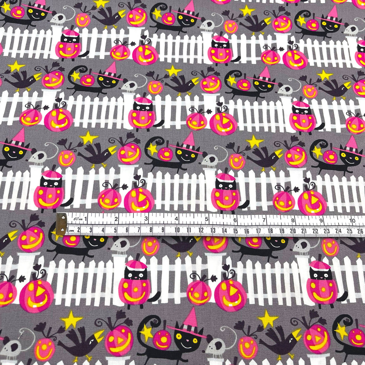 Happy Halloween fabric Black Cats, Pumpkins, white picket fences, Henry Glass Fabric Cotton Quilting fabric DW102.0VAMP