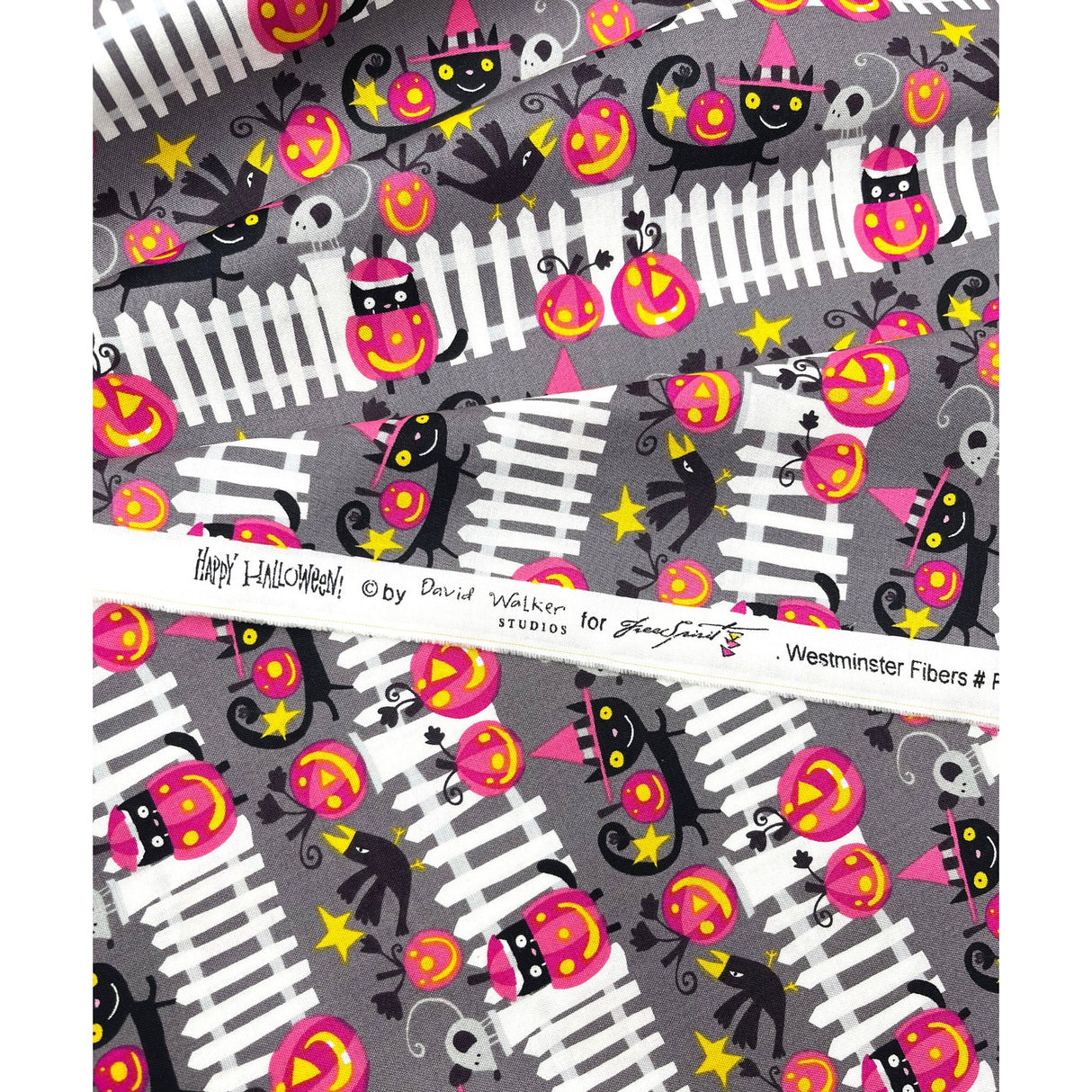 Happy Halloween fabric Black Cats, Pumpkins, white picket fences, Henry Glass Fabric Cotton Quilting fabric DW102.0VAMP