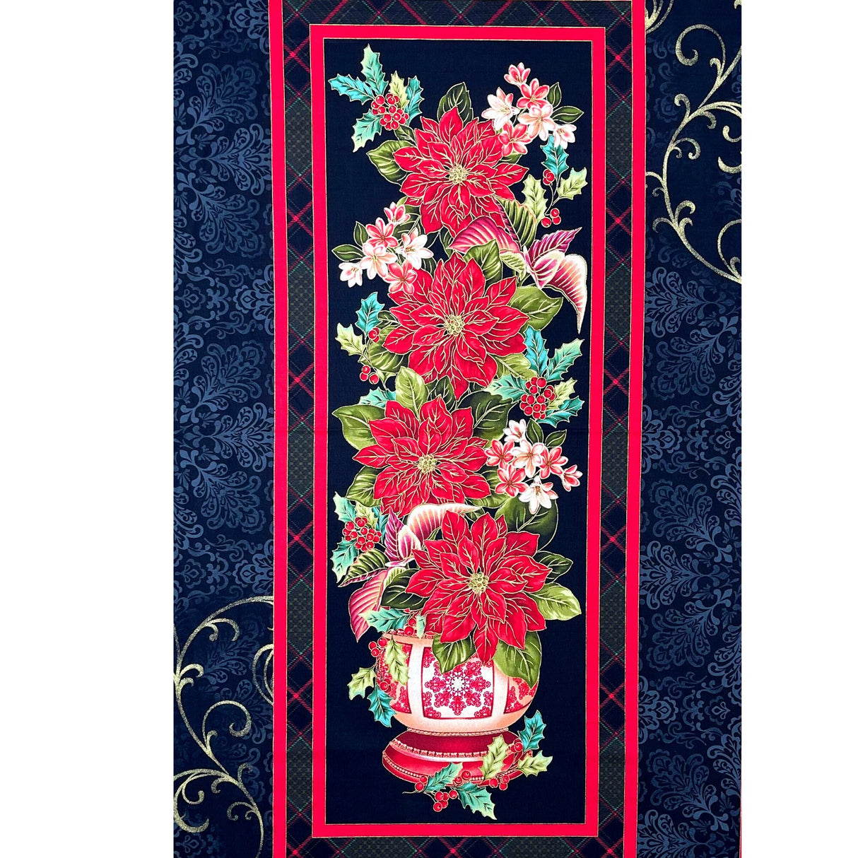 Red Poinsettia Fabric PANEL, Christmas Splendor Red, Gold metallic Black Cotton Quilting Christmas fabric
