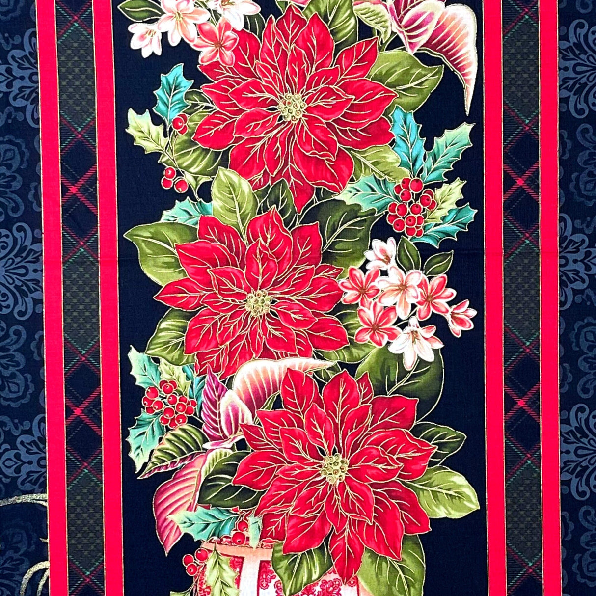 Red Poinsettia Fabric PANEL, Christmas Splendor Red, Gold metallic Black Cotton Quilting Christmas fabric