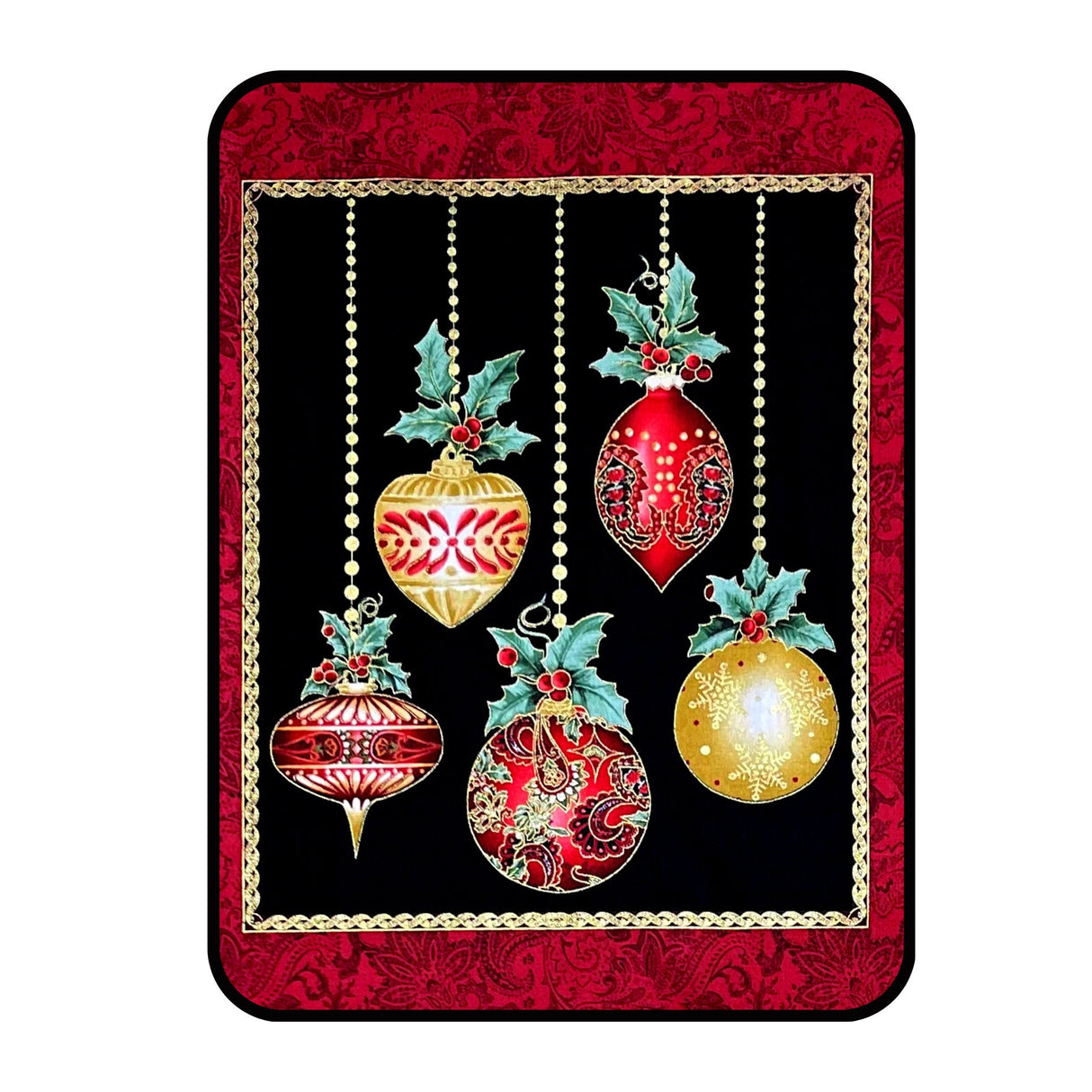 A Festive Season Fabric PANEL, Christmas Baubles Red, Gold metallic Black Cotton Quilting Christmas fabric BT-2641M