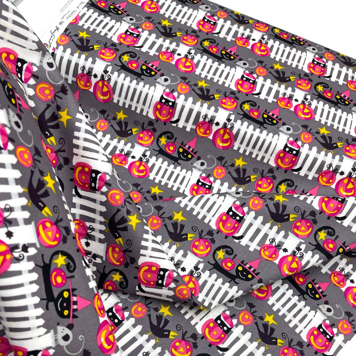 Happy Halloween fabric Black Cats, Pumpkins, white picket fences, Henry Glass Fabric Cotton Quilting fabric DW102.0VAMP