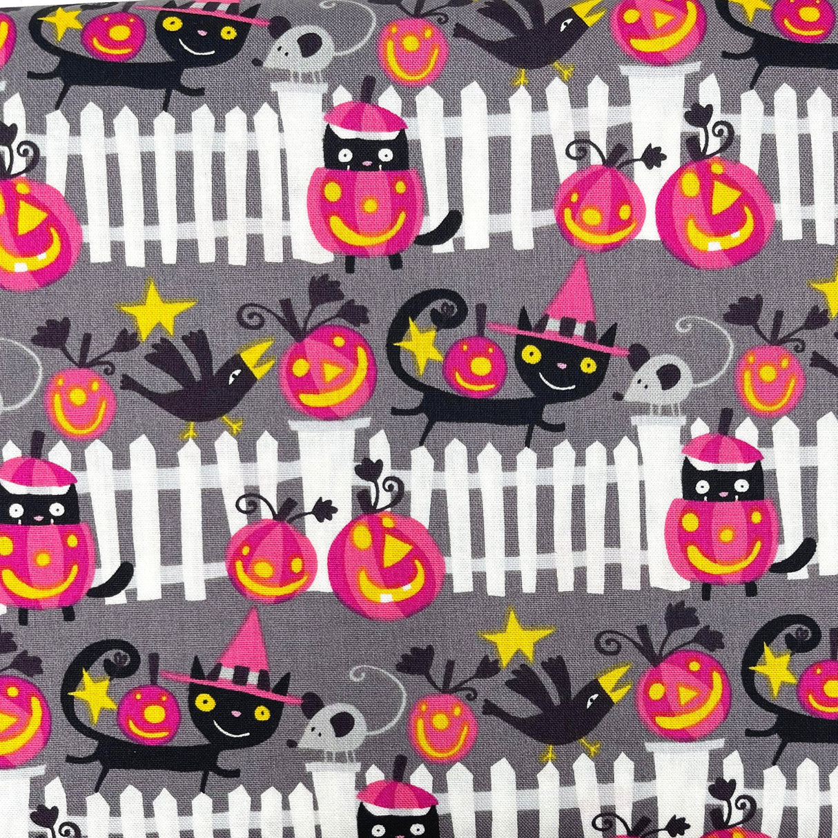 Happy Halloween fabric Black Cats, Pumpkins, white picket fences, Henry Glass Fabric Cotton Quilting fabric DW102.0VAMP