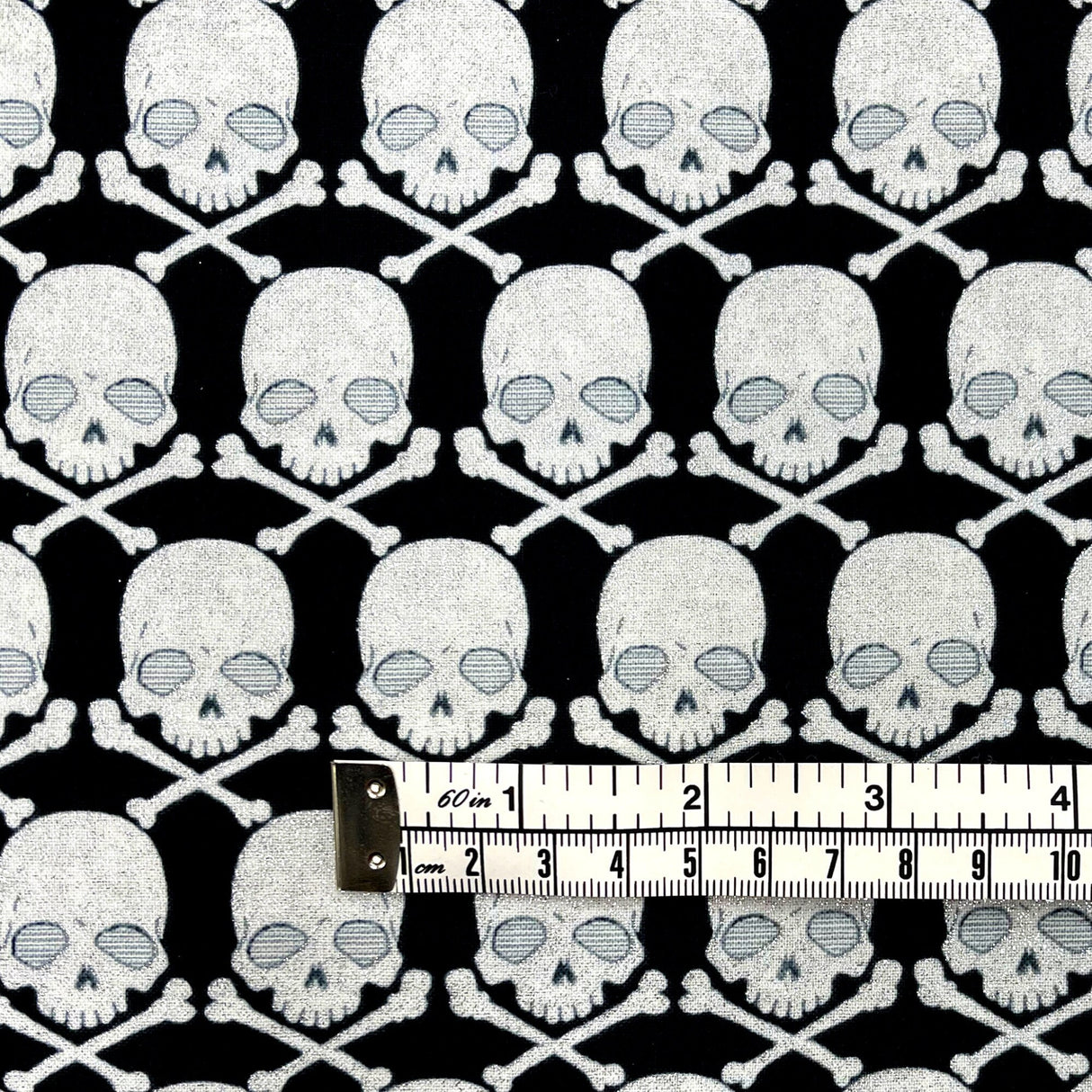 Skulls metallic fabric Black Silver metallic Halloween Cotton Quilting fabric Gothic Glam Fabric Benartex BT-CM4937G-12