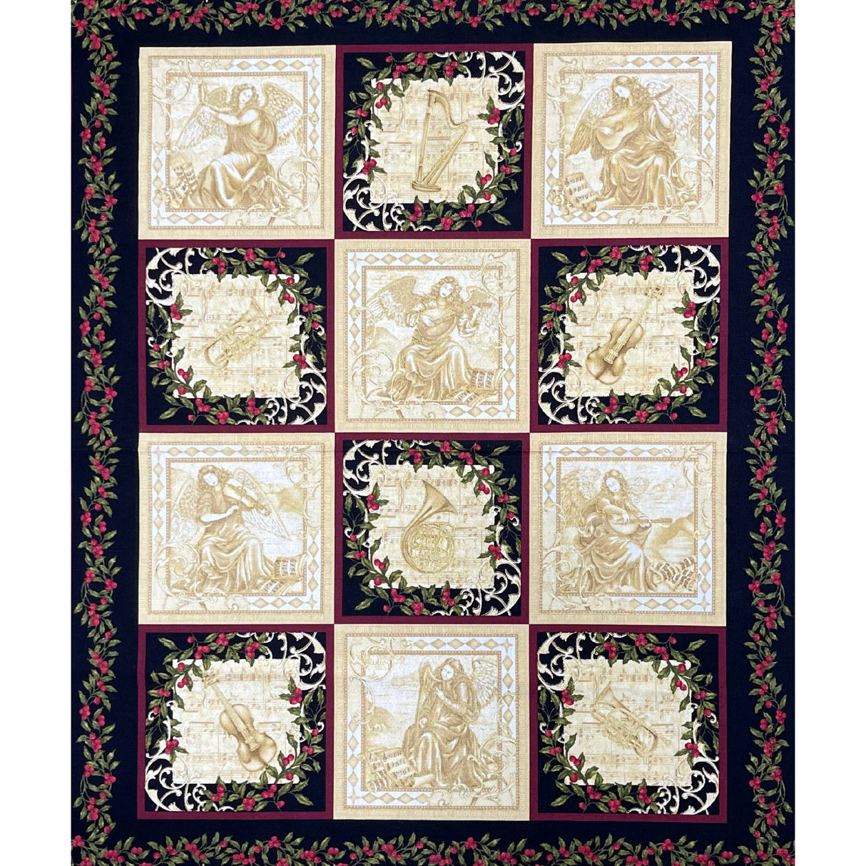 Peace Fabric PANEL Choir of Angels Gold, Red, Black Cotton Quilting fabric Benartex