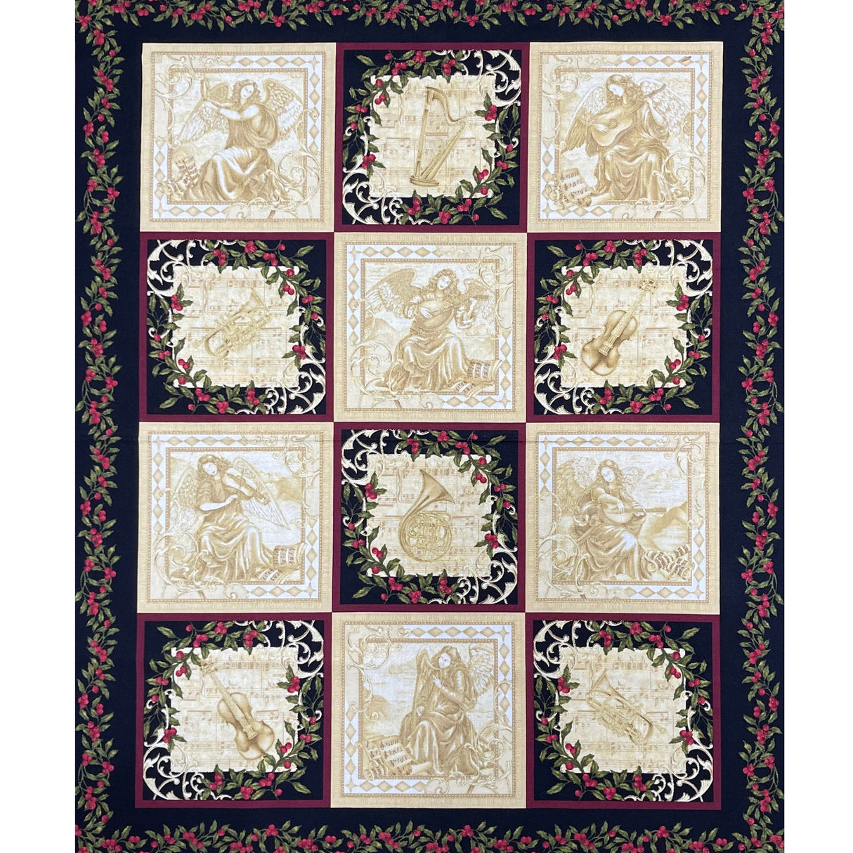 Peace Fabric PANEL Choir of Angels Gold, Red, Black Cotton Quilting fabric Benartex