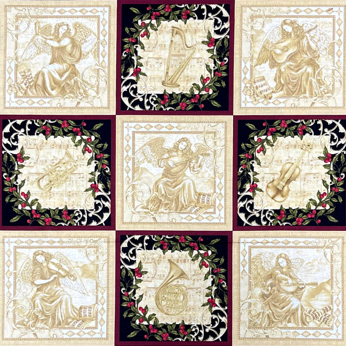 Peace Fabric PANEL Choir of Angels Gold, Red, Black Cotton Quilting fabric Benartex