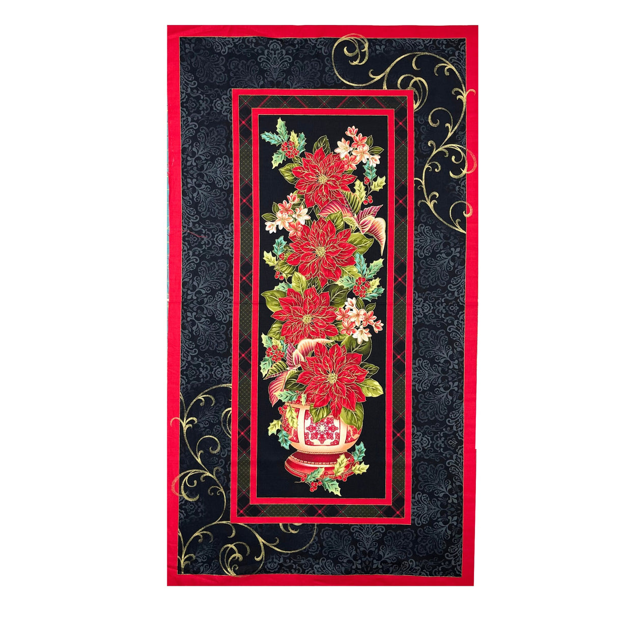 Red Poinsettia Fabric PANEL, Christmas Splendor Red, Gold metallic Black Cotton Quilting Christmas fabric
