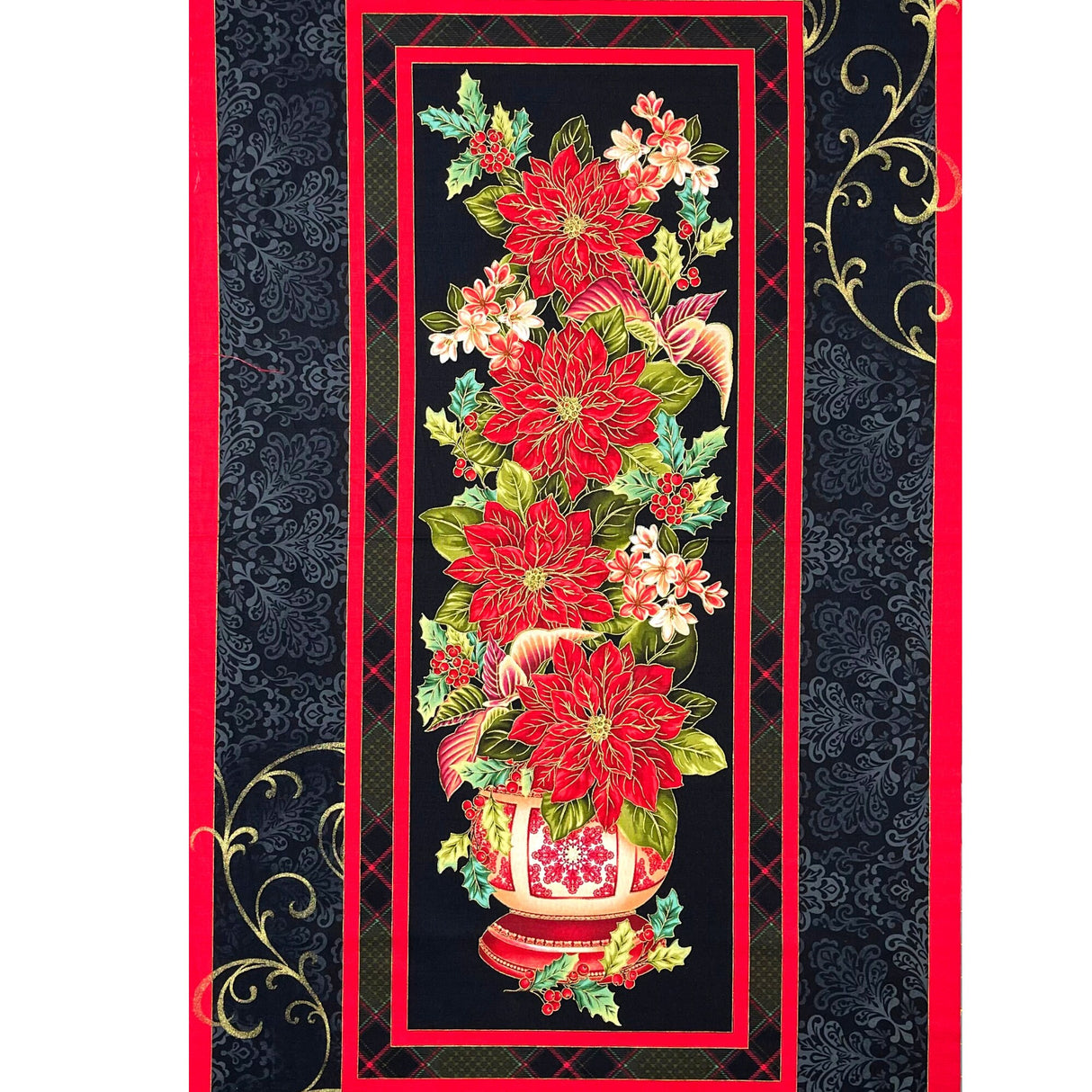 Red Poinsettia Fabric PANEL, Christmas Splendor Red, Gold metallic Black Cotton Quilting Christmas fabric