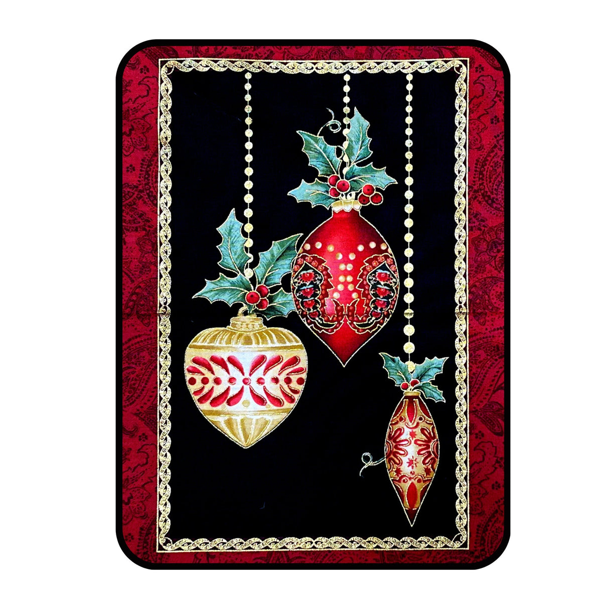 A Festive Season Fabric PANEL, Christmas Baubles Red, Gold metallic Black Cotton Quilting Christmas fabric BT-2641M