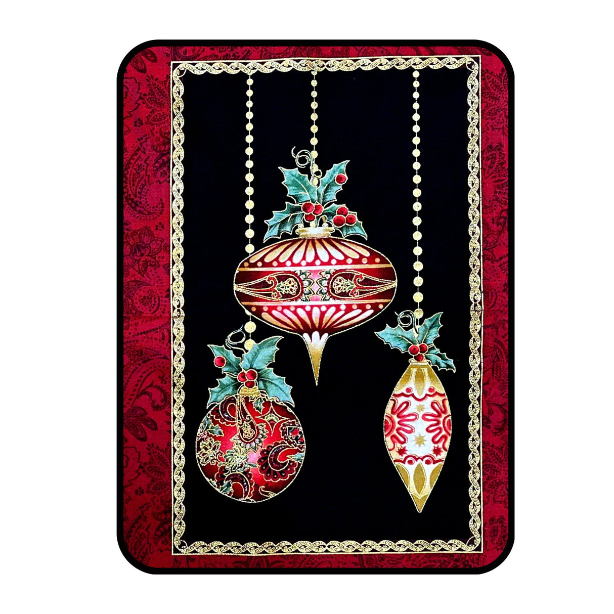 A Festive Season Fabric PANEL, Christmas Baubles Red, Gold metallic Black Cotton Quilting Christmas fabric BT-2641M
