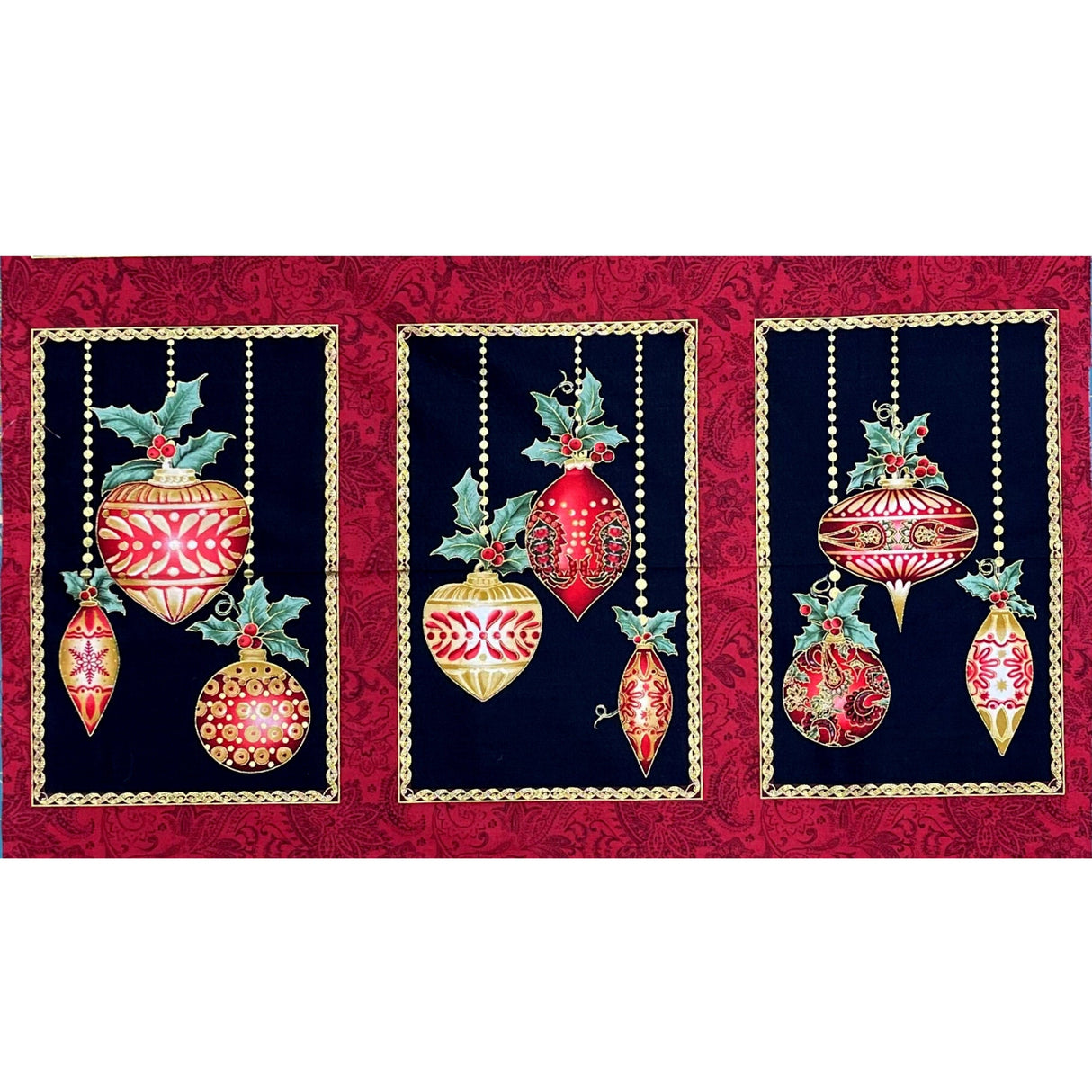 A Festive Season Fabric PANEL, Christmas Baubles Red, Gold metallic Black Cotton Quilting Christmas fabric BT-2641M