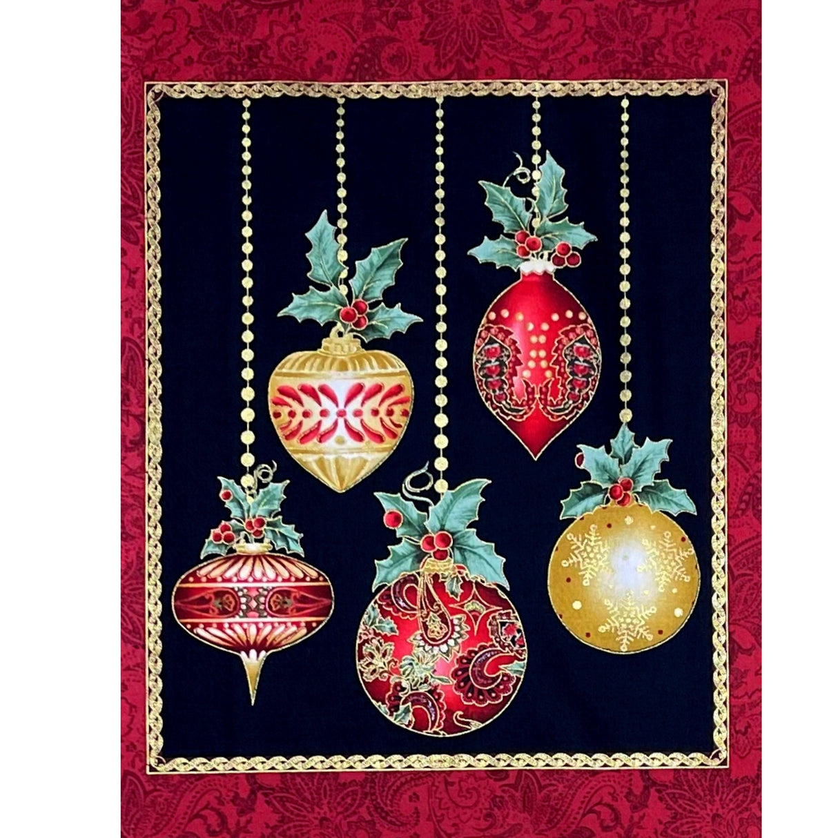 A Festive Season Fabric PANEL, Christmas Baubles Red, Gold metallic Black Cotton Quilting Christmas fabric BT-2641M