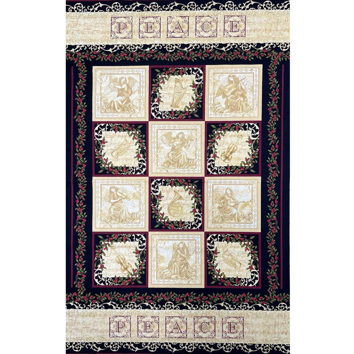 Choir of Angels Fabric PANEL, Gold, Red, Black Cotton Quilting Christmas fabric Benartex BT2327.12