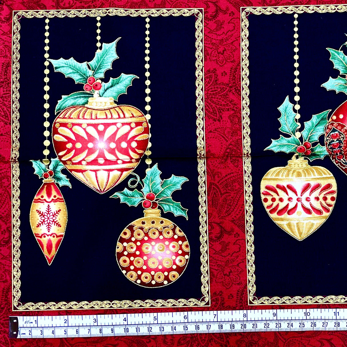 A Festive Season Fabric PANEL, Christmas Baubles Red, Gold metallic Black Cotton Quilting Christmas fabric BT-2641M