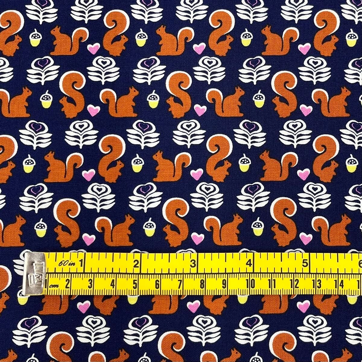 Squirrel Quilting fabric, pink hearts, Navy, Animal fabric, Crafts, Michael Miller CX-6572