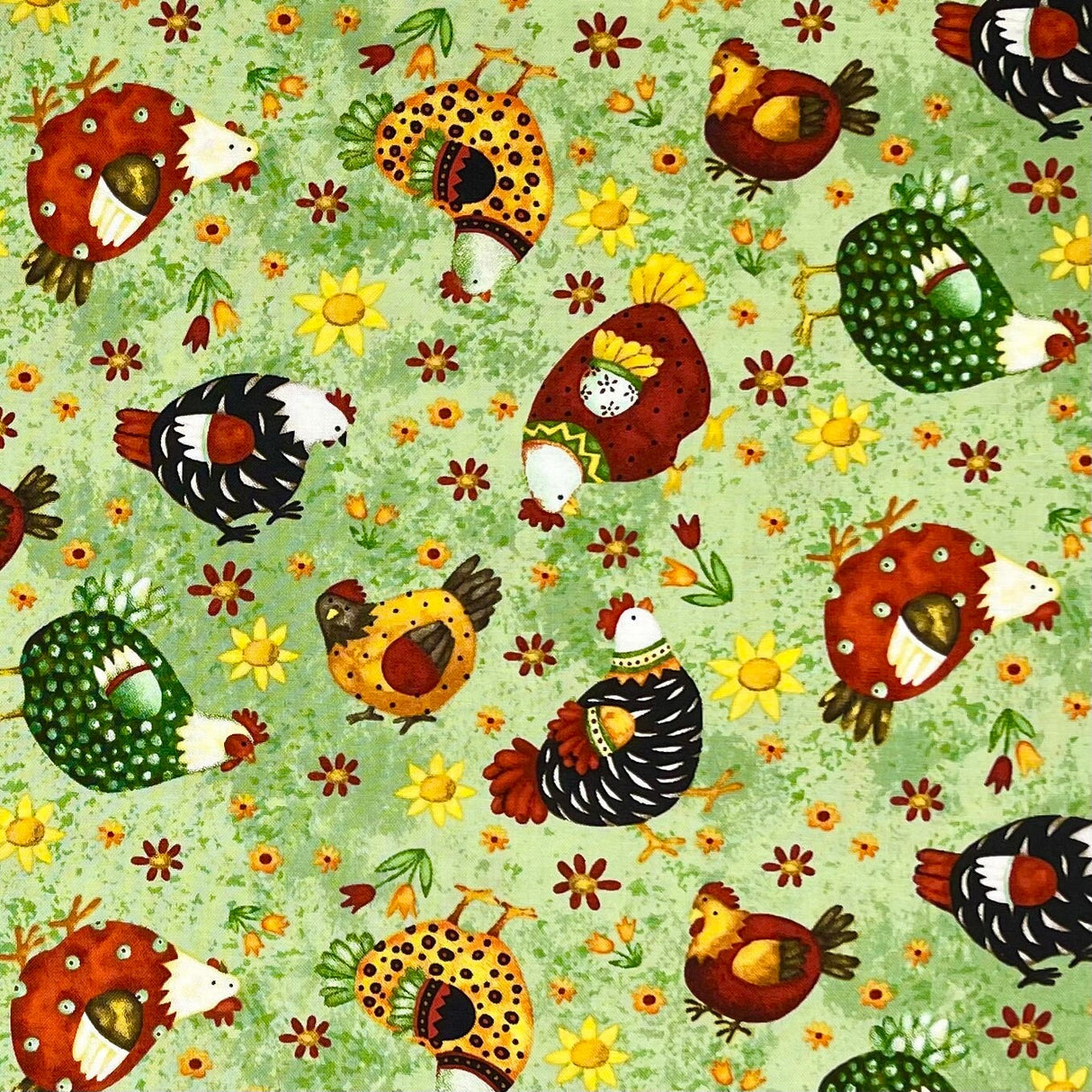 Chickens on grass fabric, Country Meadow, farm animals Country Scene HG6872-66