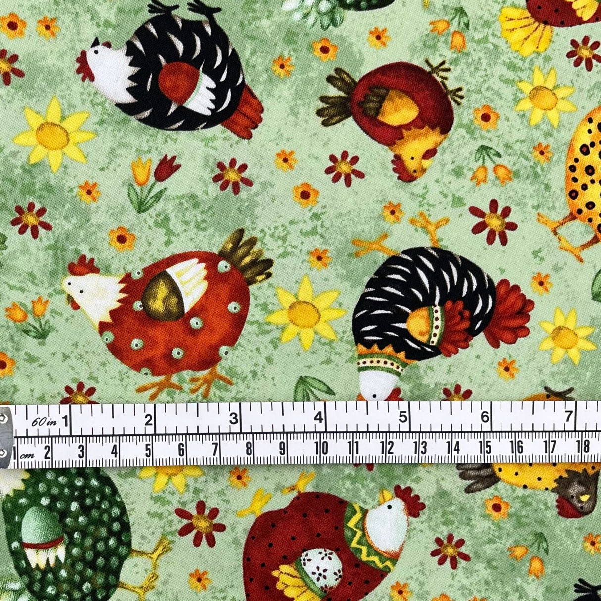 Chickens on grass fabric, Country Meadow, farm animals Country Scene HG6872-66