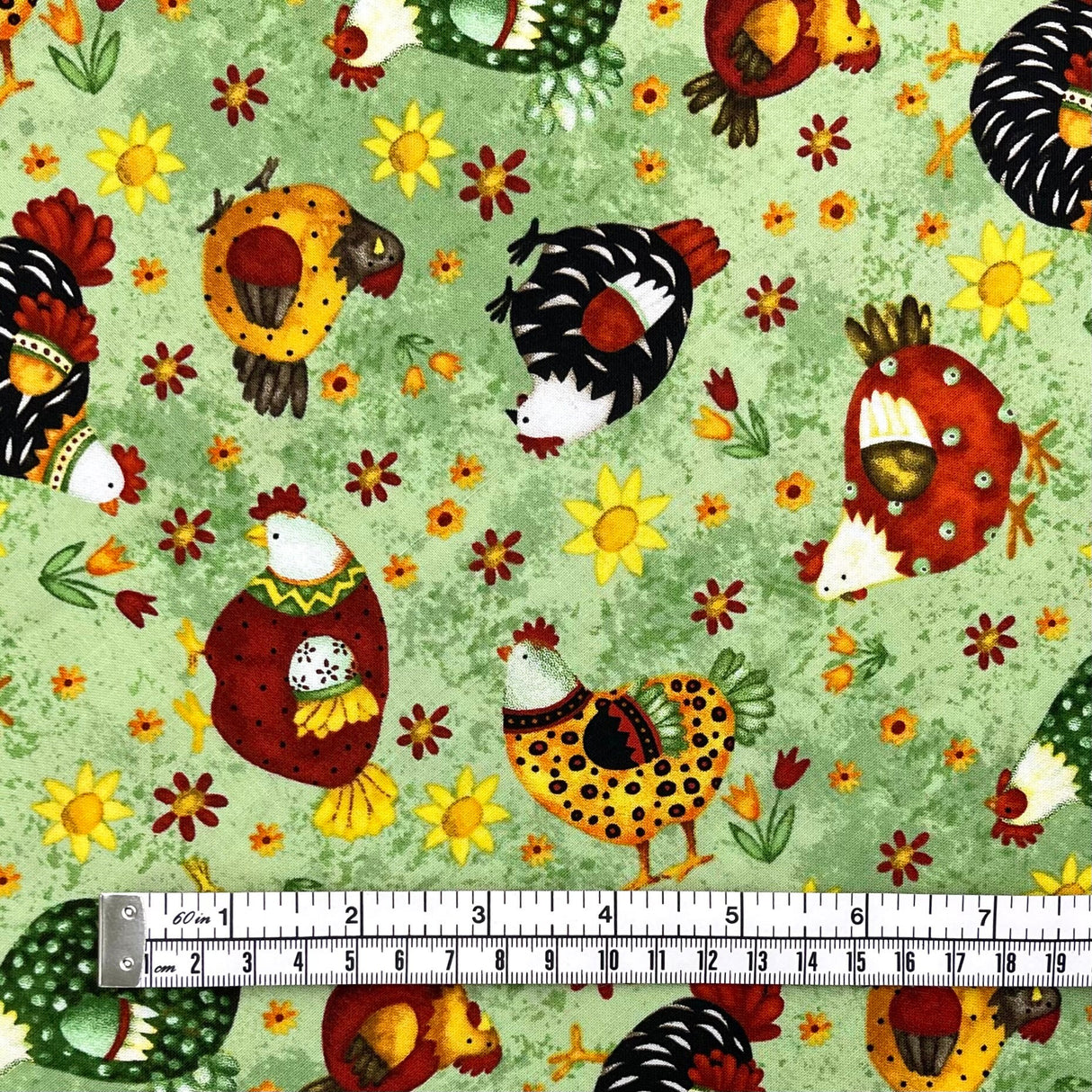 Chickens on grass fabric, Country Meadow, farm animals Country Scene HG6872-66