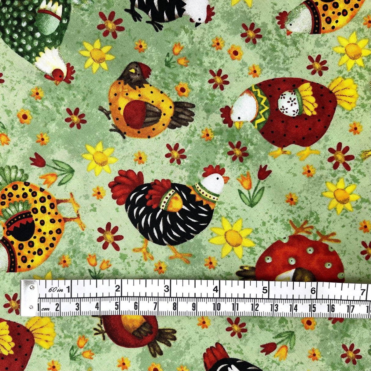 Chickens on grass fabric, Country Meadow, farm animals Country Scene HG6872-66