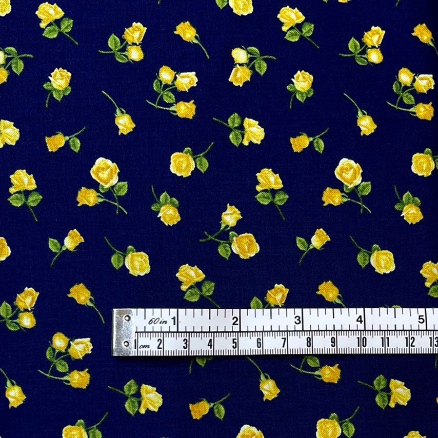 Angelica Little Yellow Roses fabric, Timeless Treasures Floral Cotton Quilters fabric C6364.Navy