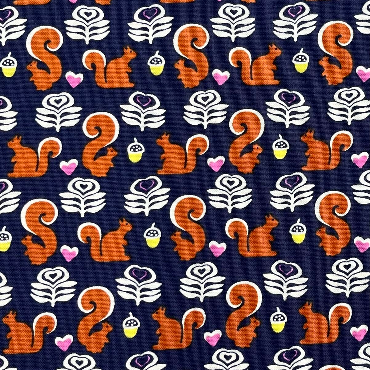 Squirrel Quilting fabric, pink hearts, Navy, Animal fabric, Crafts, Michael Miller CX-6572