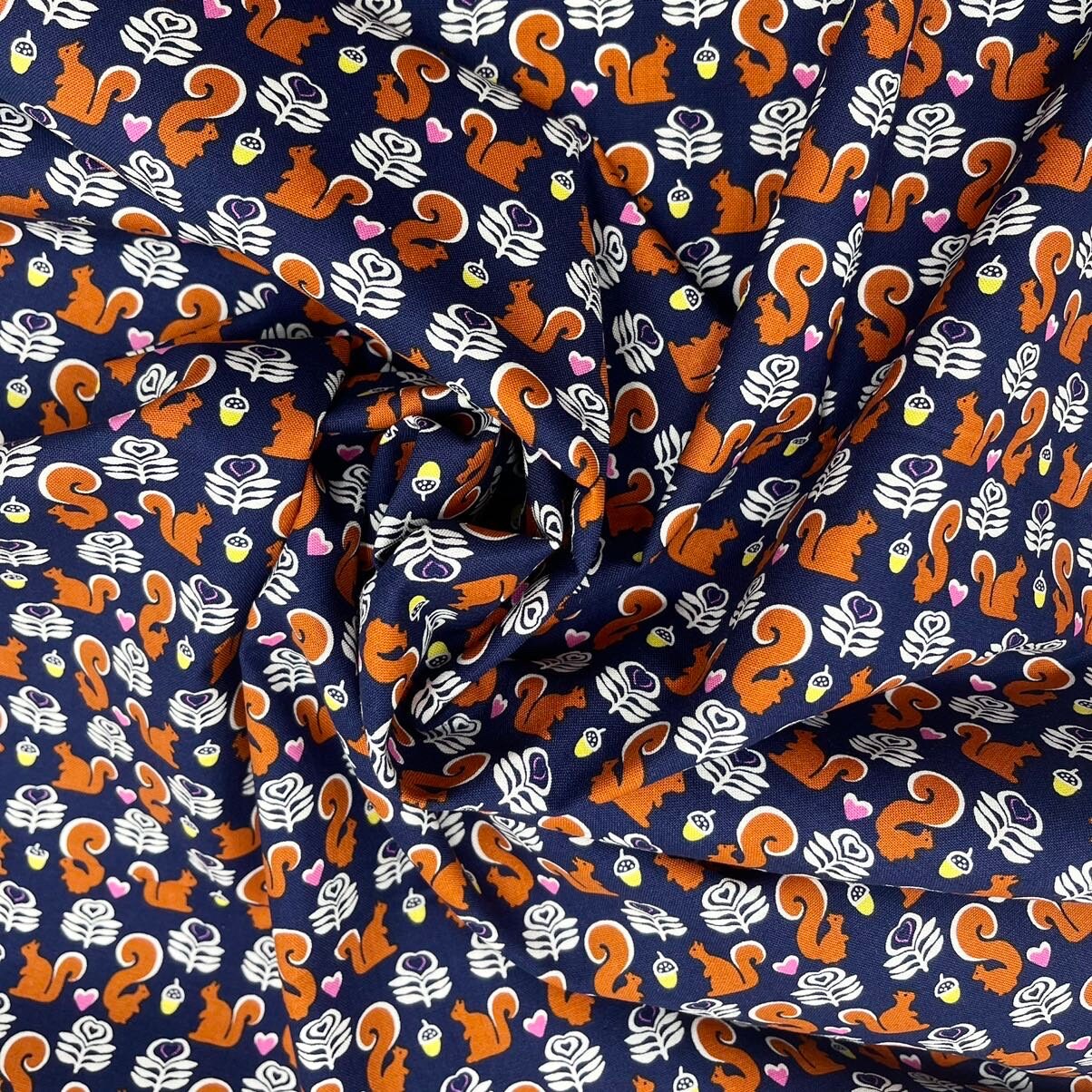 Squirrel Quilting fabric, pink hearts, Navy, Animal fabric, Crafts, Michael Miller CX-6572