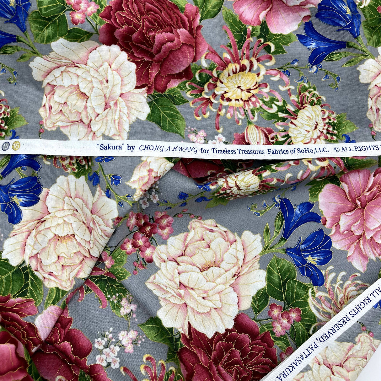 Floral fabric Sakura Japanese Geisha, Chong a Hwang, Timeless Treasures CM6158GREY