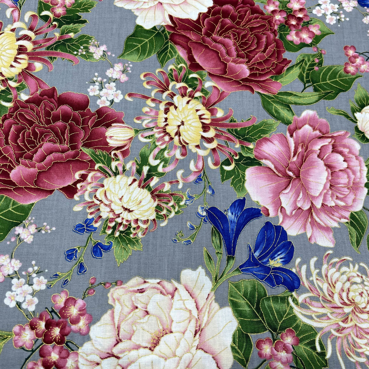 Floral fabric Sakura Japanese Geisha, Chong a Hwang, Timeless Treasures CM6158GREY