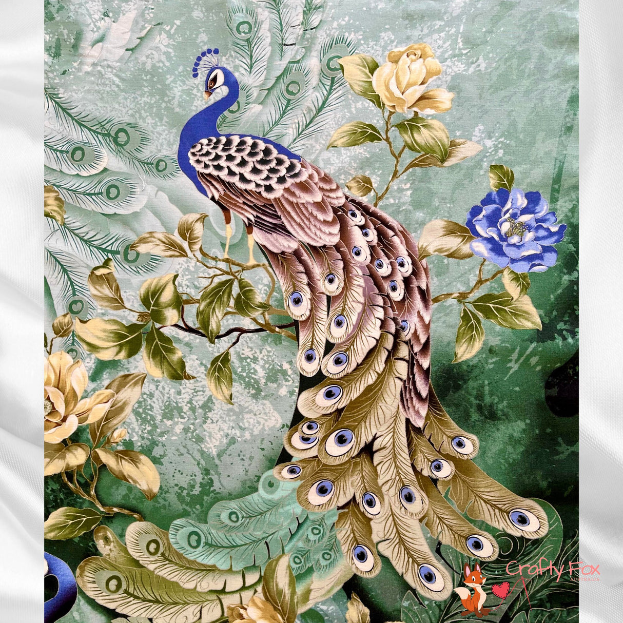 Peacock fabric panel, Plume Sage, Silver Metallic, Quilting, Cotton, Timeless Treasure CM6458