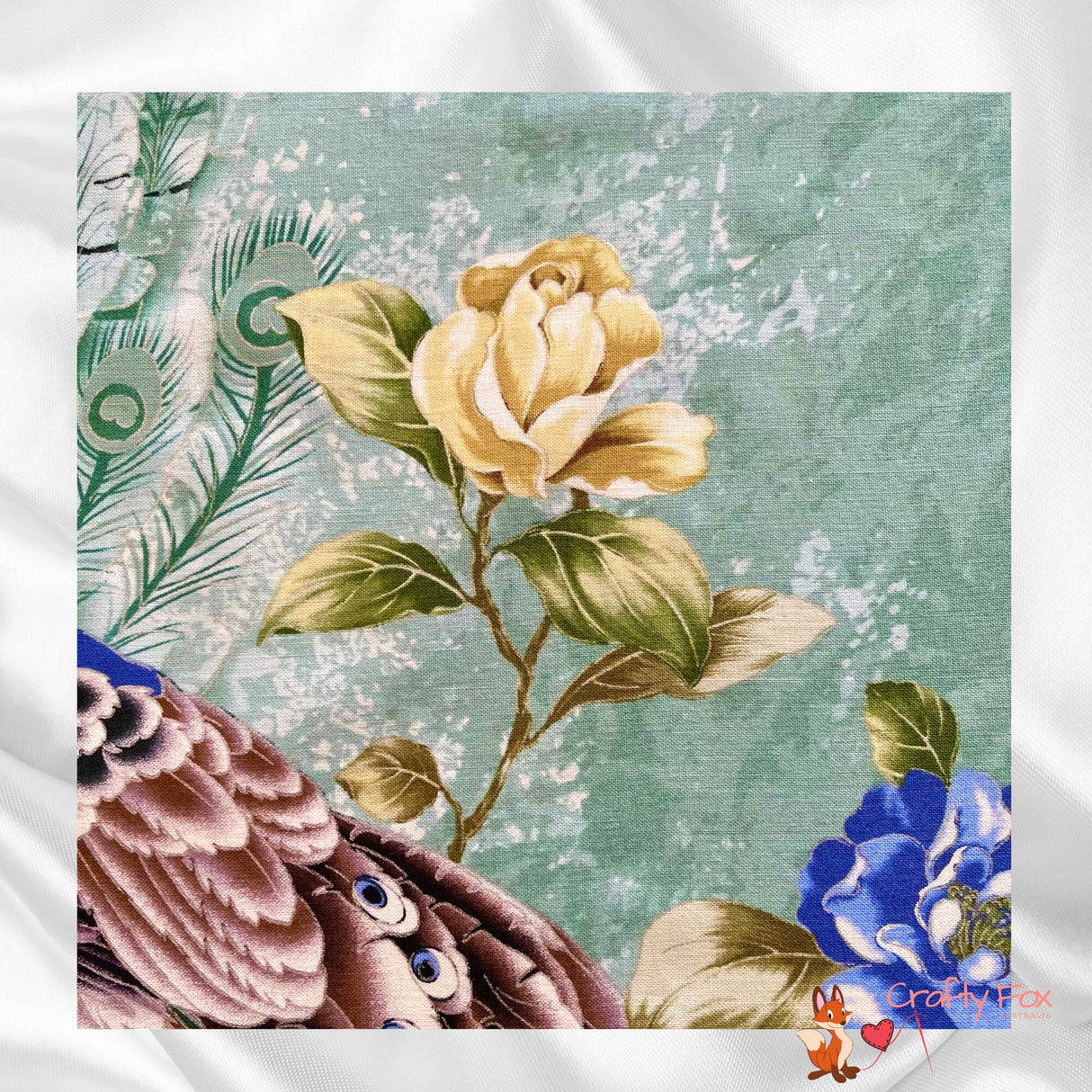 Peacock fabric panel, Plume Sage, Silver Metallic, Quilting, Cotton, Timeless Treasure CM6458