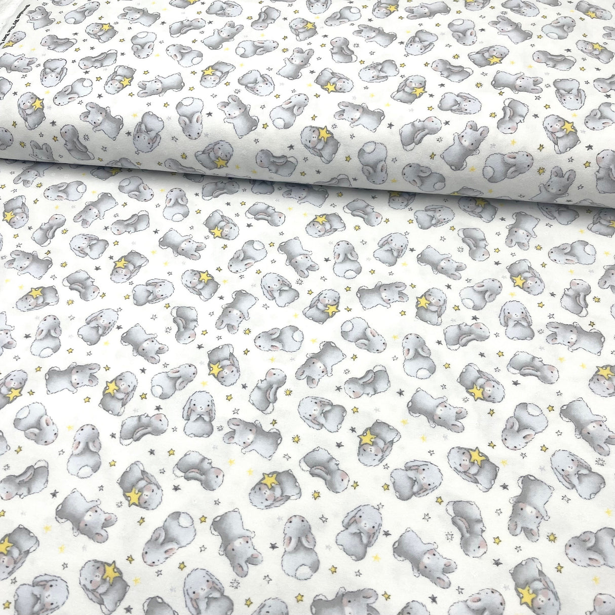 Bunnies fabric Little with Stars FLANNEL Quilting 100% Cotton Fabric CF-6451 White