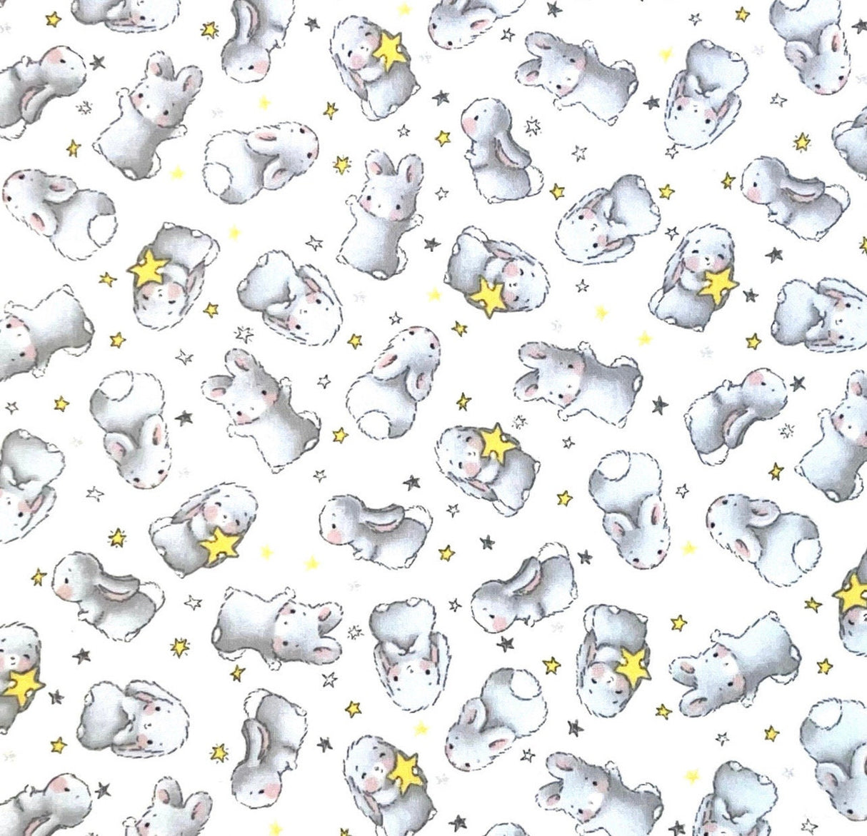 Bunnies fabric Little with Stars FLANNEL Quilting 100% Cotton Fabric CF-6451 White