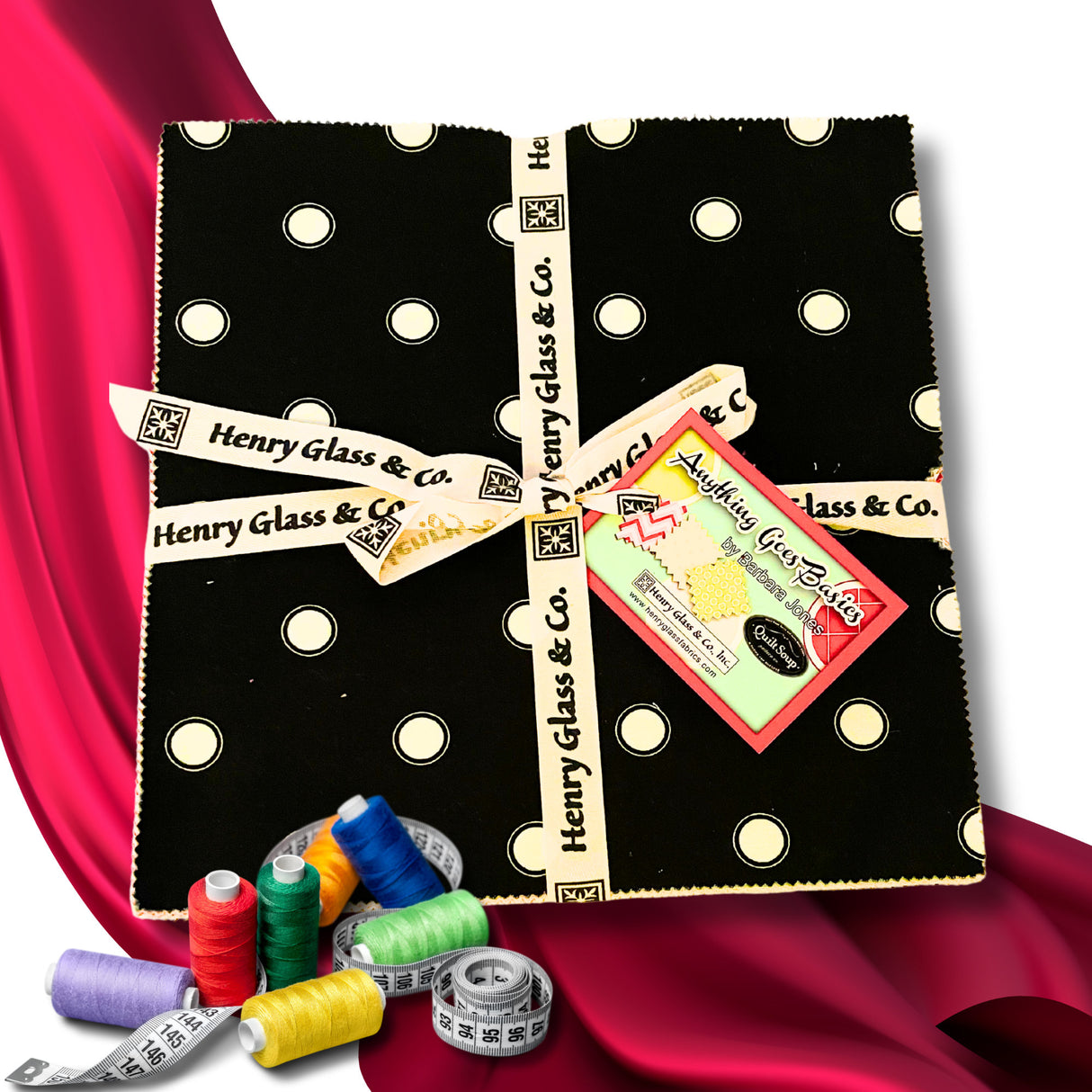 Red Satin background, Anything Goes Basics, Layered Cake by Henry Glass