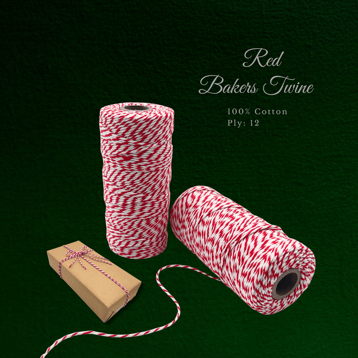 Red and white 12 ply cotton baker’s twine spool for Christmas gift wrapping and crafts