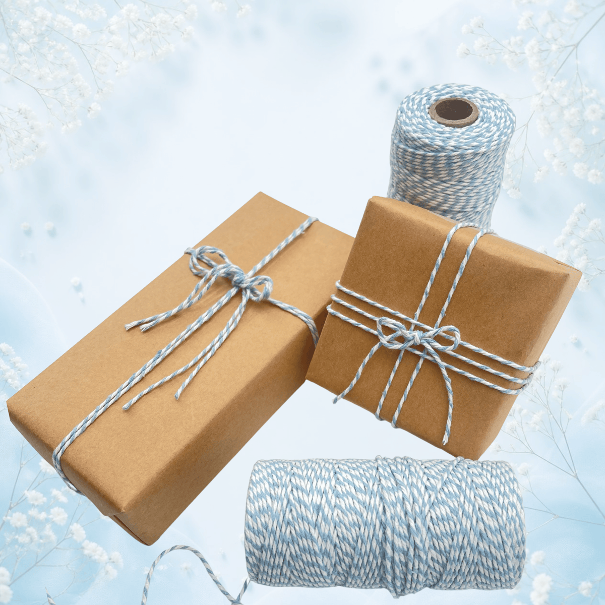 Natural kraft gifts wrapped with French Blue and white cotton baker’s twine