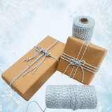 Natural kraft gifts wrapped with French Blue and white cotton baker’s twine