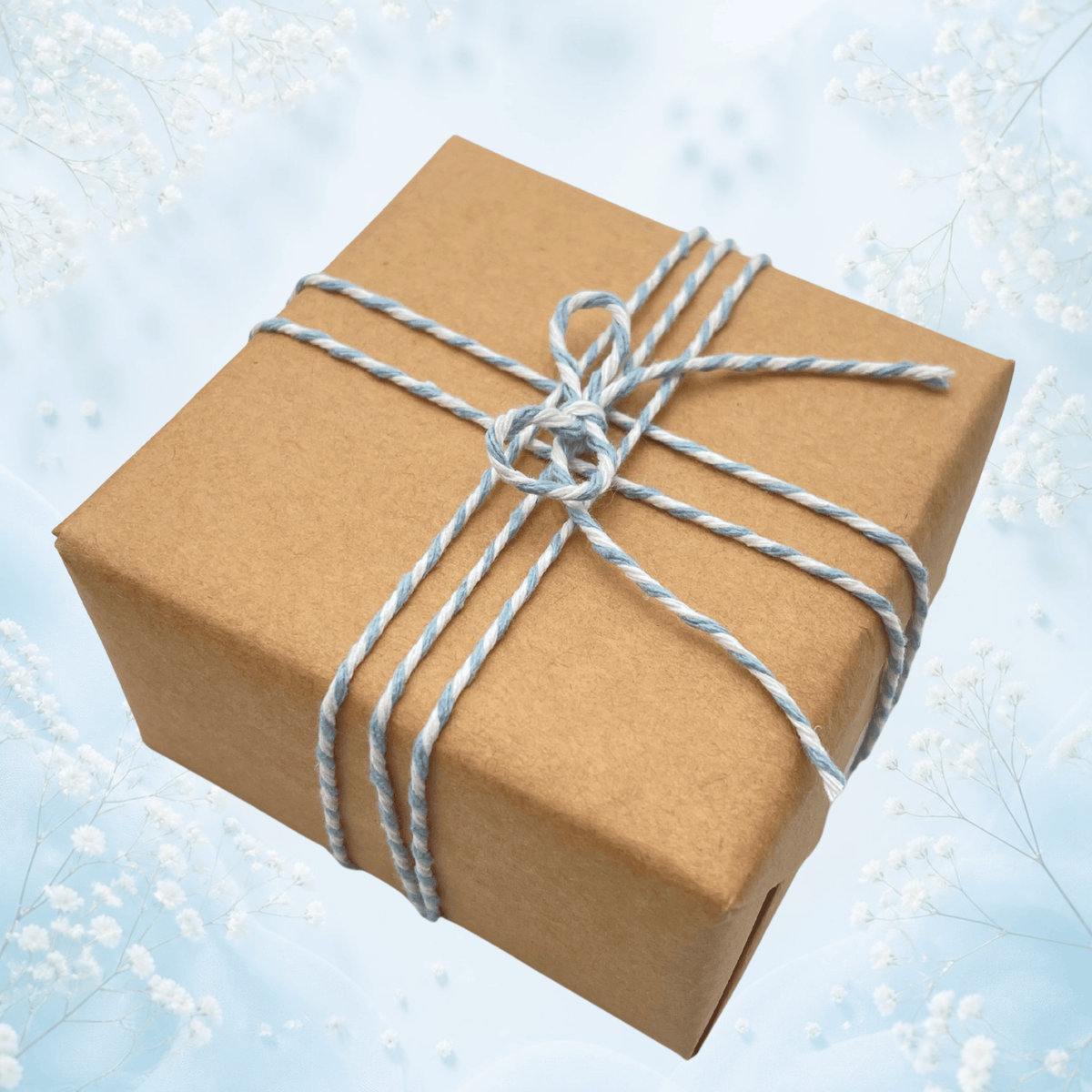 French Blue baker’s twine tied around natural kraft gift wrapping paper