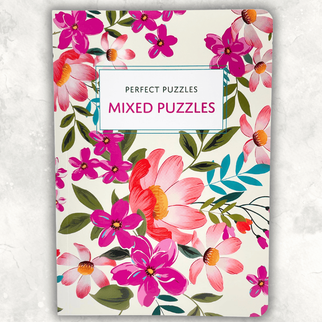 Colourful floral Mixed Puzzle Book featuring vibrant pink and coral flowers and 160+ entertaining puzzles
