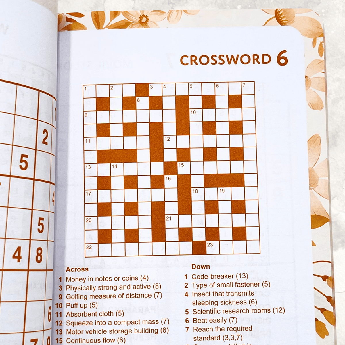 Inside pages of Mixed Puzzle Book displaying crossword puzzle grids and word clues