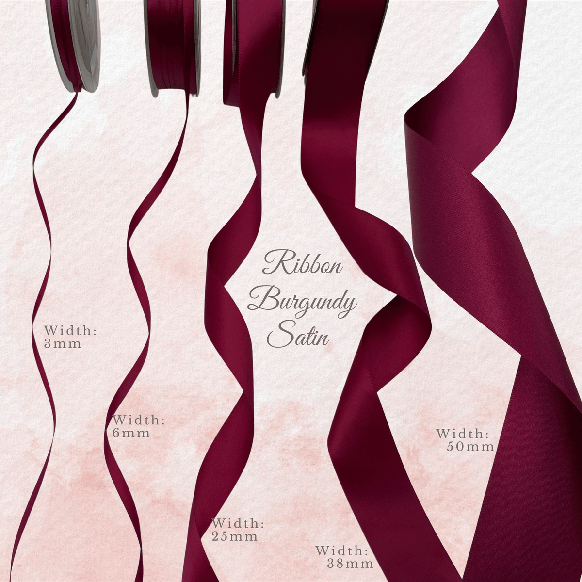Burgundy satin ribbon in 3mm, 6mm, 25mm, 38mm and 50mm widths