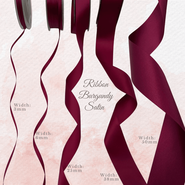 Burgundy satin ribbon in 3mm, 6mm, 25mm, 38mm and 50mm widths