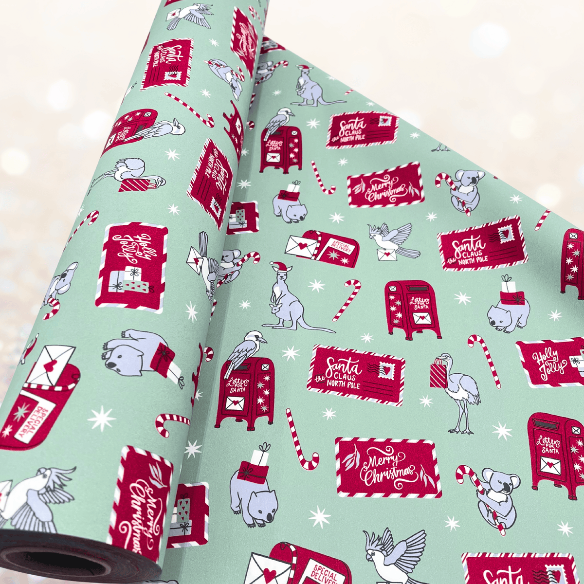 Bush Christmas Australian gift wrapping paper with native animals and festive red motifs