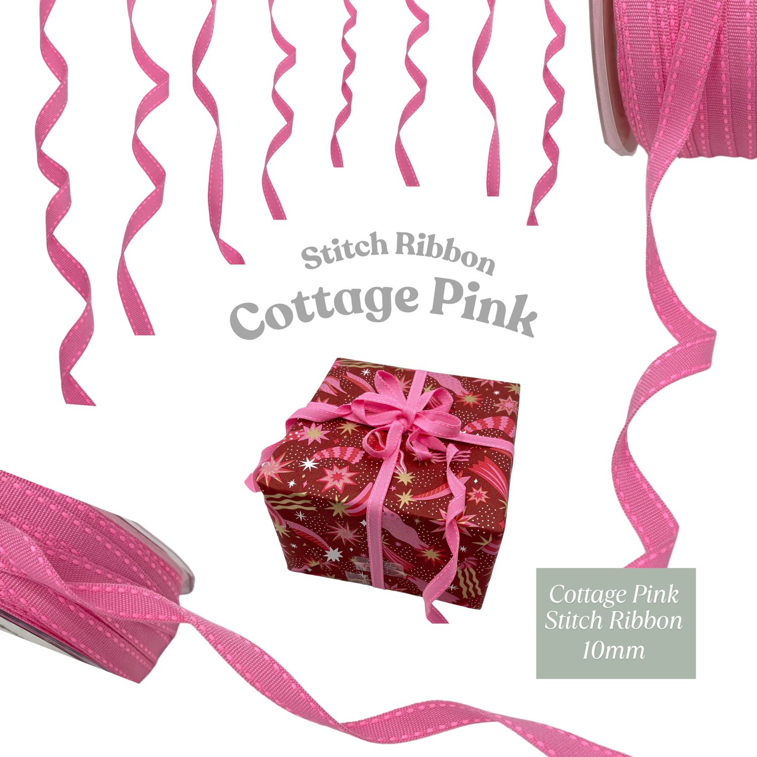 Cottage Pink Stitch Ribbon – 10mm Gift Ribbon