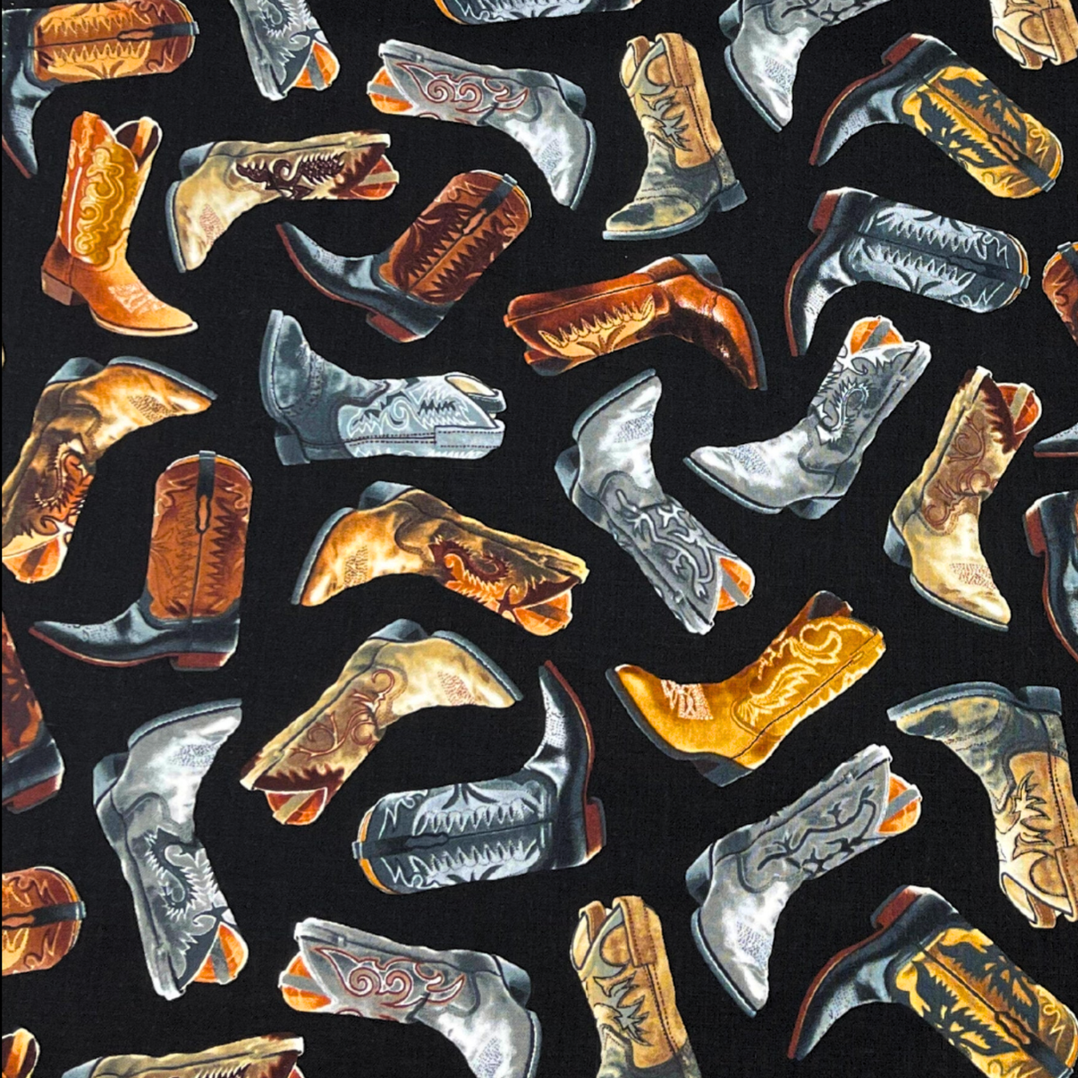Cowboy Boots Black Fabric, Cotton Quilting Fabric, Timeless Treasures TT-C6307.Black