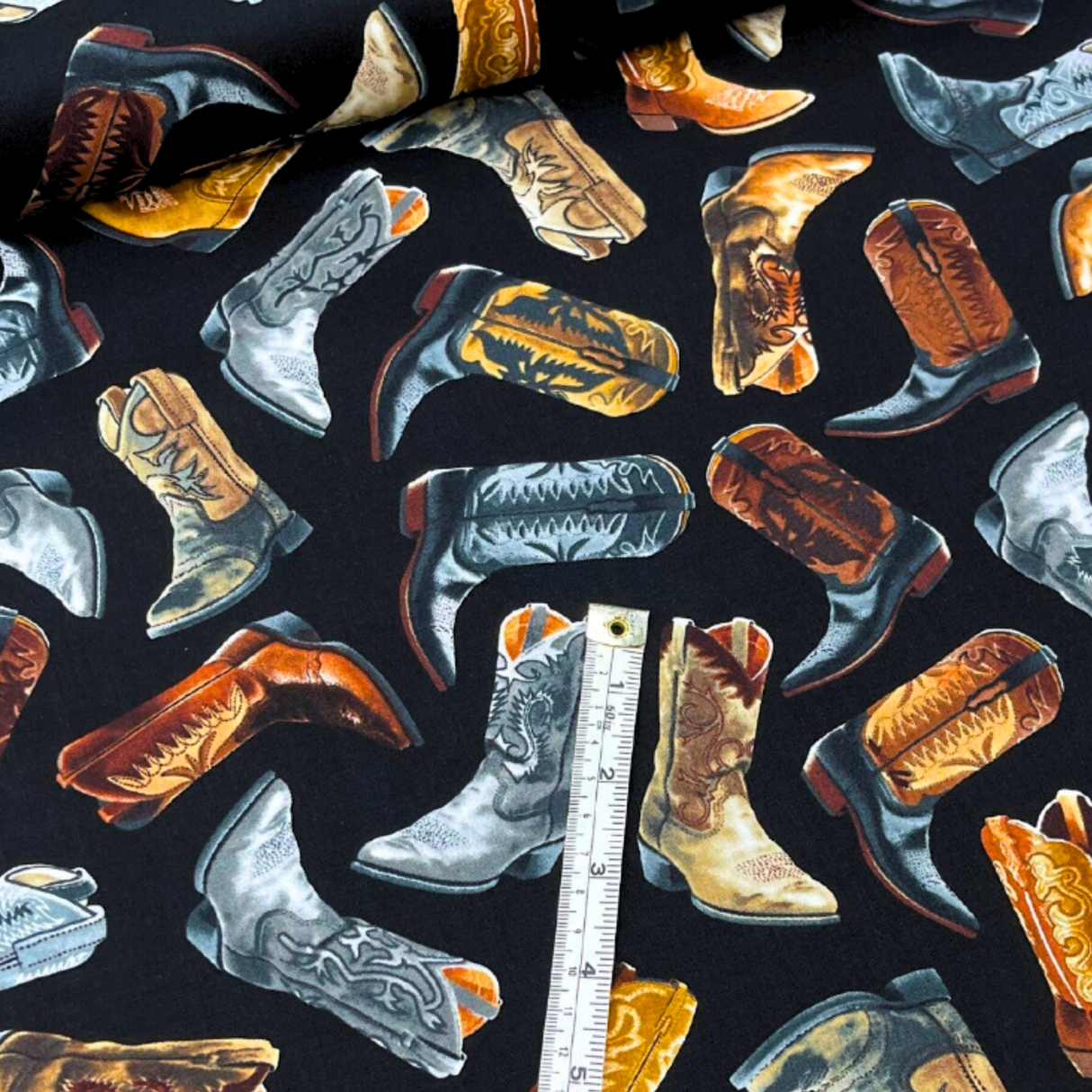 Cowboy Boots Black Fabric, Cotton Quilting Fabric, Timeless Treasures TT-C6307.Black
