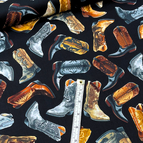 Cowboy Boots Black Fabric, Cotton Quilting Fabric, Timeless Treasures TT-C6307.Black