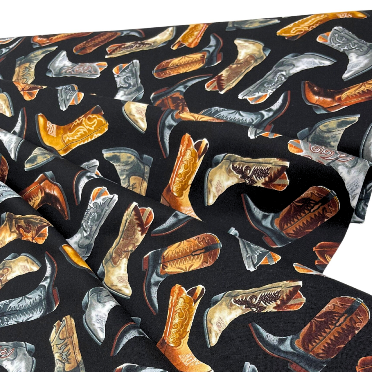 Cowboy Boots Black Fabric, Cotton Quilting Fabric, Timeless Treasures TT-C6307.Black