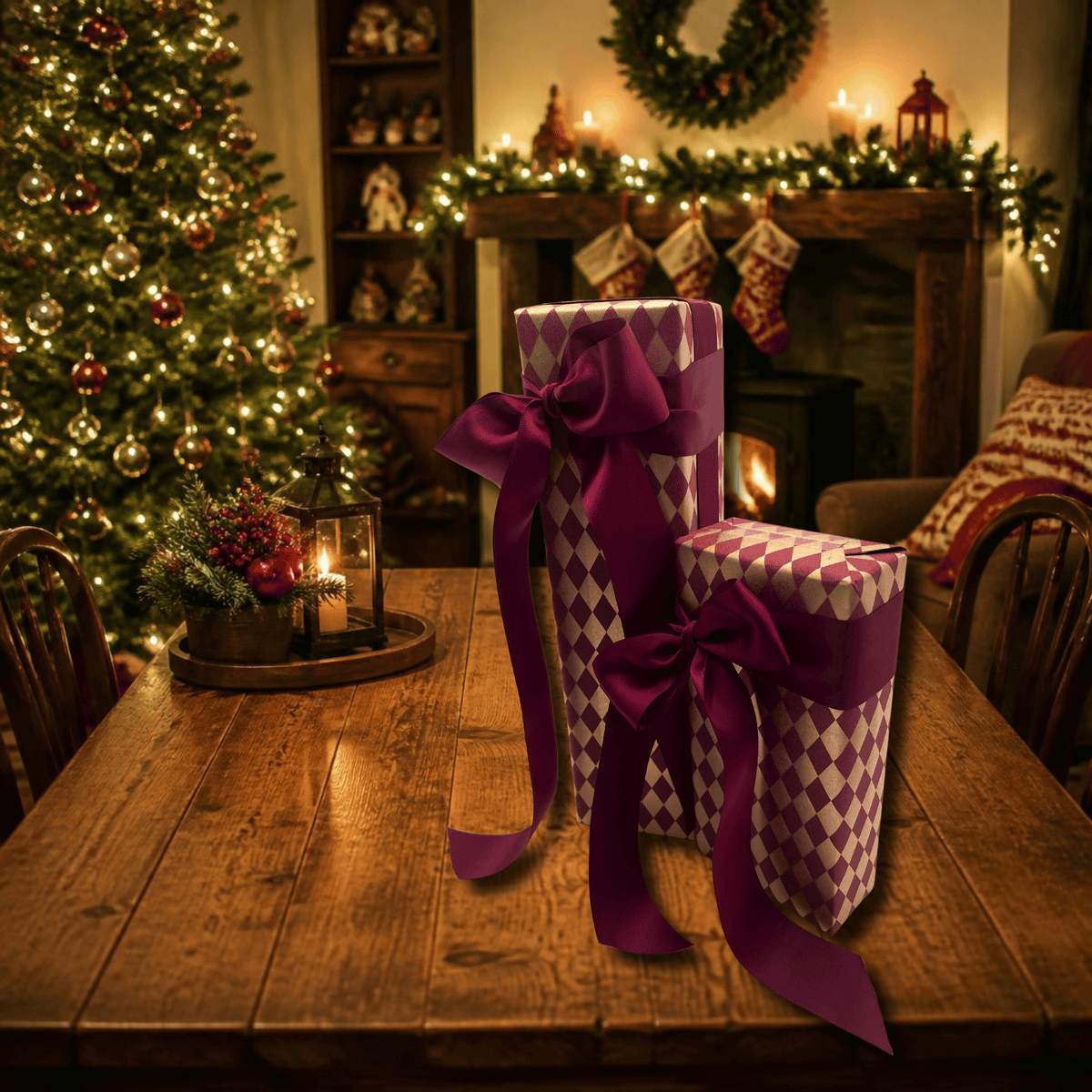 Gold and burgundy diamond gift wrap styled in a festive Christmas setting